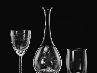 Elegant Beverage Glassware Set with Engraved Wine Glass Crystal Decanter and Tumbler 3d model