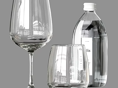 Elegant Glassware Collection Featuring Wine Glass Tumbler and Clear Water Bottle 3d model