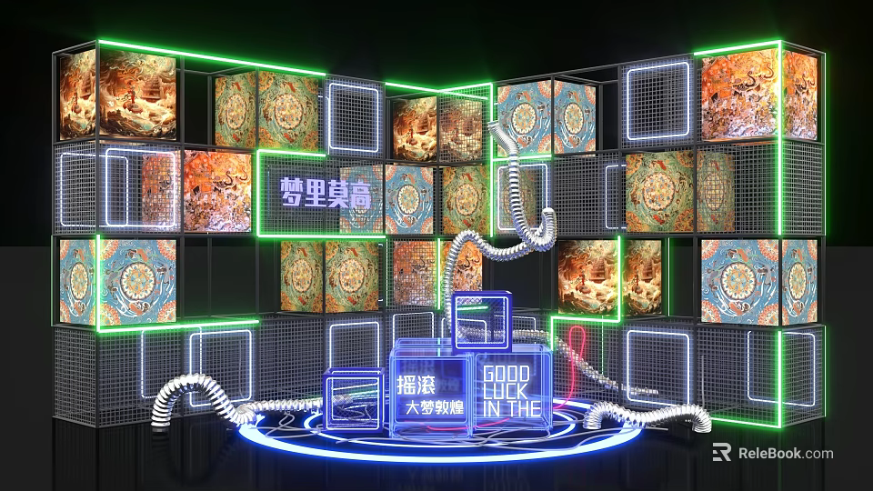 Dunhuang Murals Themed Tech Vibe Space With Neon Lights Microphone Screens And Cube 3d model 