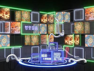 Dunhuang Murals Themed Tech Vibe Space With Neon Lights Microphone Screens And Cube 3d model