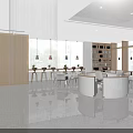 Modern Lounge Area Interior With Wooden Wall Bookshelves Tables Chairs And Floor to Ceiling Windows