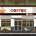 Coffee Shop Facade With Green Plants Coffee Cup Logo Awnings And Outdoor Seating