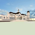 European style Architecture With White Exterior Clock Tower And Bridge By Waterfront Under Blue Sky