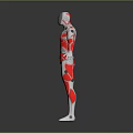 Humanoid Character In Red And White Suit With Green Accents And Biomechanical Design