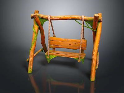 Wooden Swing Playground Equipment With Wooden Frame Rope Suspension And Green Vines 3d model