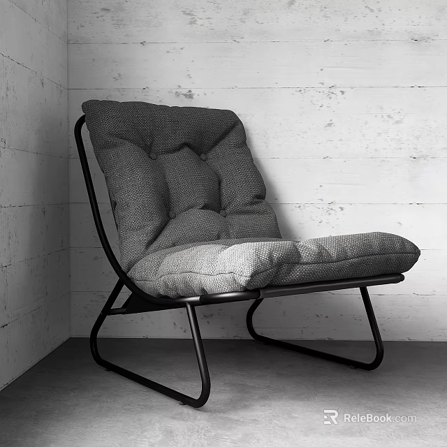 Modern Gray Fabric Single Sofa with Padded Seat Black Metal Frame and White Wooden Wall 3d model 