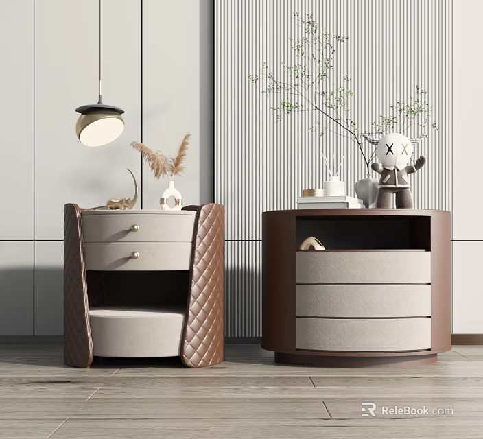 Modern Round And Rectangular Bedside Tables In Brown Beige With Drawers And Decorative Plants 3d model 