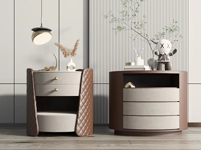 Modern Round And Rectangular Bedside Tables In Brown Beige With Drawers And Decorative Plants 3d model