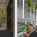 Luxurious Villa Balcony With Lush Green Plants Rattan Pendant Lights And Wooden Accents