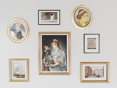 Central Oil Painting of Woman Holding Flower Bouquet with Various Framed Artworks on Wall 3d model