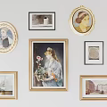 Central Oil Painting of Woman Holding Flower Bouquet with Various Framed Artworks on Wall