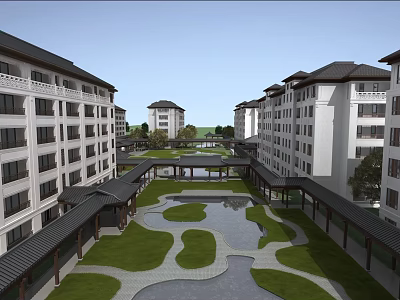 Modern Residential Courtyard Garden Landscape With Green Lawn Central Pond And Covered Walkways 3d model