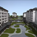 Modern Residential Courtyard Garden Landscape With Green Lawn Central Pond And Covered Walkways
