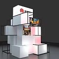 Modern Photo Check In Spot With White Red Cubic Structures And Display Shelves