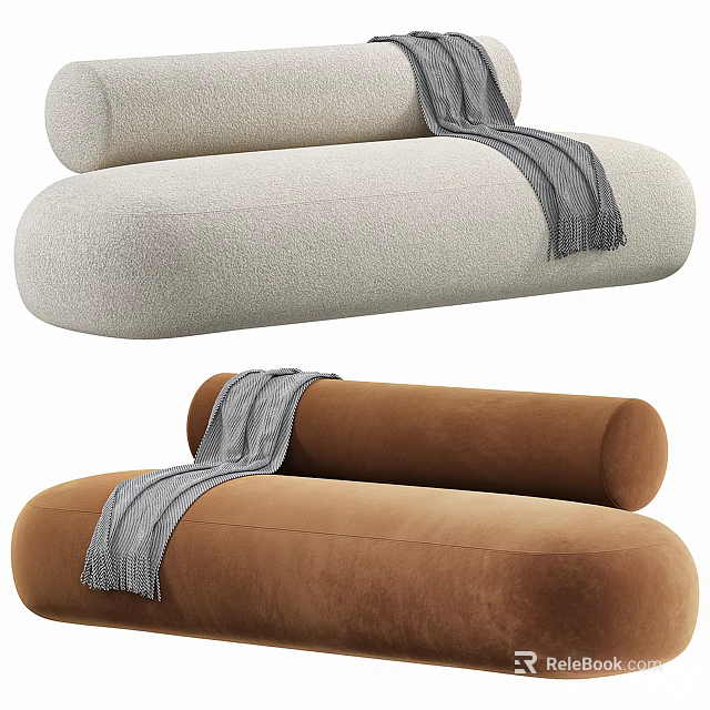 Modern Minimalist Beige And Brown Upholstered Single Sofa With Gray Blanket Draped 3d model 