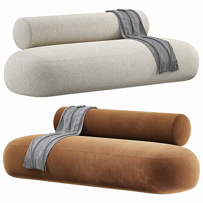 Modern Minimalist Beige And Brown Upholstered Single Sofa With Gray Blanket Draped 3d model
