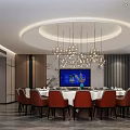 Elegant Private Dining Room Featuring Round Table Red Chairs Chandeliers And Circular Ceiling Light 3d model