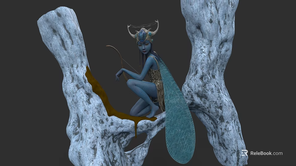 Blue Skinned Fantasy Character With Horned Headdress Wings And Bow Sitting On Rocky Structure 3d model 