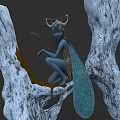 Blue Skinned Fantasy Character With Horned Headdress Wings And Bow Sitting On Rocky Structure