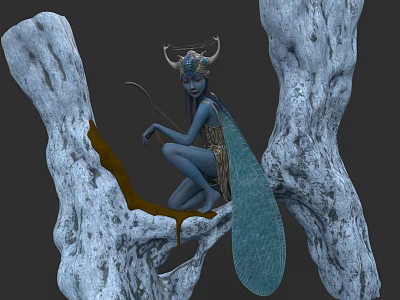 Blue Skinned Fantasy Character With Horned Headdress Wings And Bow Sitting On Rocky Structure 3d model