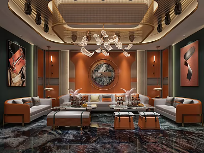 Modern KTV Interior Design With Plush Sofa Seating Chandelier And Decorative Art 3d model