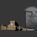 Building Side Area With Wheeled Gray Trash Bin And Scattered Cardboard Boxes