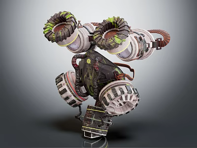 3D Mechanical Model With Multiple Circular Rings Green Accents Curved Pipes And Metallic Structure 3d model