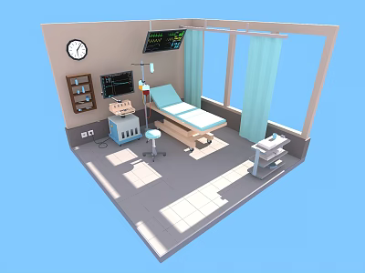Hospital Room Interior With Medical Bed Monitor Clock Medicine Shelf IV Stand And Curtains 3d model