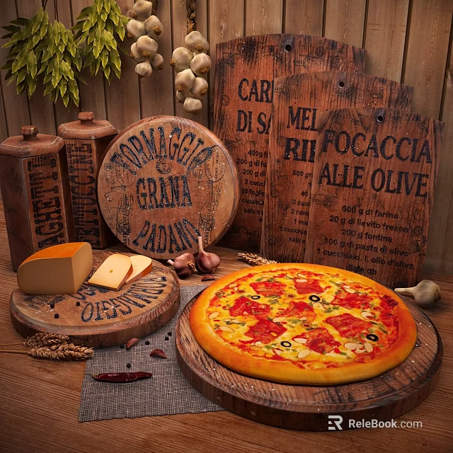 Traditional Italian Pizza With Grana Padano Cheese Garlic Wheat Ears And Focaccia Signs 3d model 