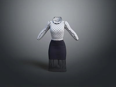 White Polka Dot High Neck Long Sleeve Blouse With Dark Fringe Skirt Women's Fashion 3d model