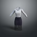 White Polka Dot High Neck Long Sleeve Blouse With Dark Fringe Skirt Women's Fashion