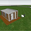 Modern Small Garden Cabin With White Door Wooden Platform And Outdoor Furniture