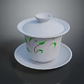 Handcrafted White Ceramic Sculpture With Lid Saucer And Green Leaf Patterns 3d model