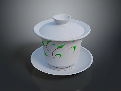 Handcrafted White Ceramic Sculpture With Lid Saucer And Green Leaf Patterns 3d model