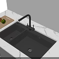 Black Kitchen Faucet Over Double Bowl Sink On Marble Countertop With Cutting Board And Fruits