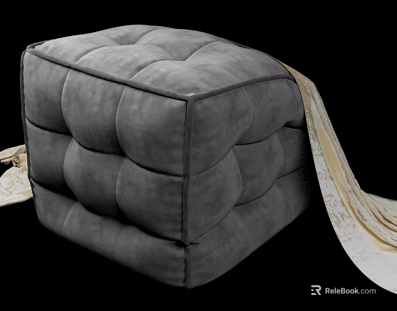 Gray Velvet Square Ottoman with Button Tufted Design and Hanging Fabric 3d model