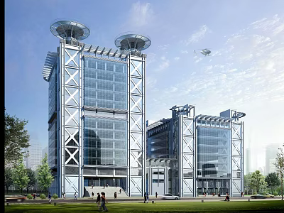 Two Modern Office Buildings with Glass Curtain Walls Dome Tops Surrounding Green Spaces and People 3d model