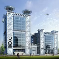 Two Modern Office Buildings with Glass Curtain Walls Dome Tops Surrounding Green Spaces and People