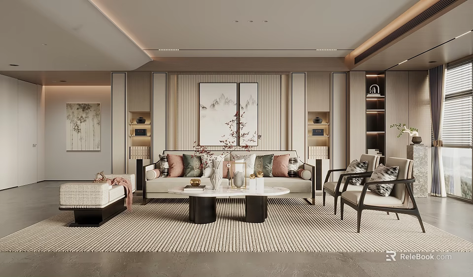 Modern Living Room Interior With Sofa Coffee Table Decorative Artworks And Striped Rug 3d model 