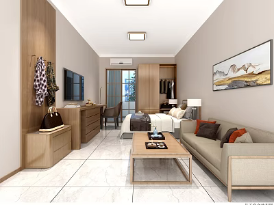 Modern Residential Interior Design With Sofa Coffee Table Bed And Wooden Cabinets 3d model