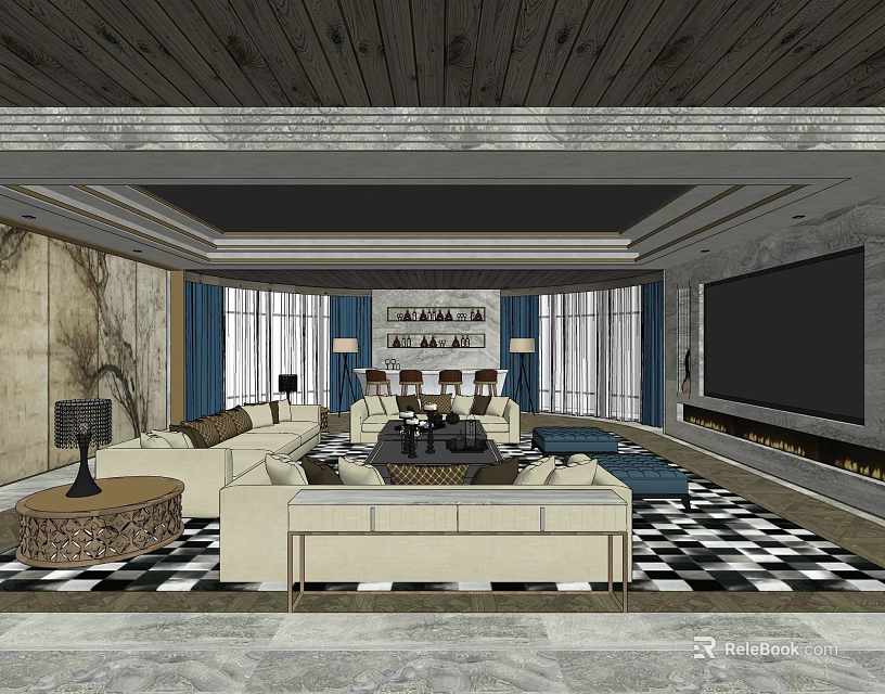 Modern Billiard Room Interior With Pool Table Comfortable Seats And Decorative Lighting 3d model