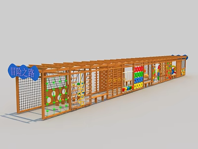Wooden Adventure Path Playground Equipment With Climbing Net And Colorful Interactive Features 3d model