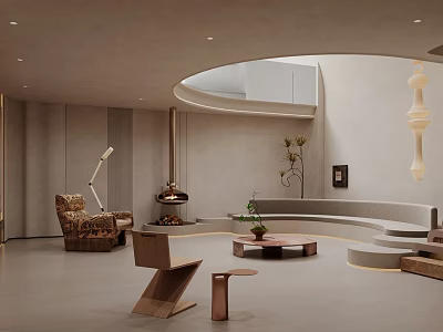 Stylish Modern Living Room Interior With Curved Sofa Round Coffee Table And Floor Lamp 3d model