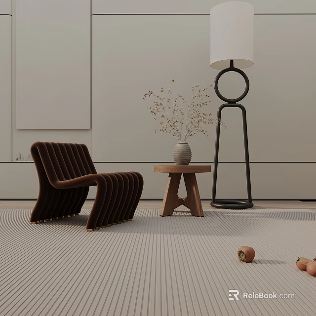 Brown Ribbed Leisure Chair With Wooden Table Floor Lamp Dried Flowers Striped Carpet And Fruits 3d model 