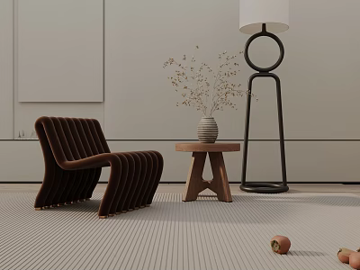 Brown Ribbed Leisure Chair With Wooden Table Floor Lamp Dried Flowers Striped Carpet And Fruits 3d model