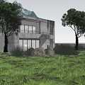 Modern Concrete Detached House with Large Glass Windows Green Grass and Mountain View