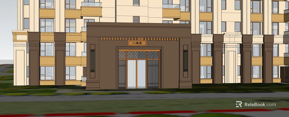 Residential Building Entrance Gate With Brown Decorative Glass Doors And Balconies 3d model 