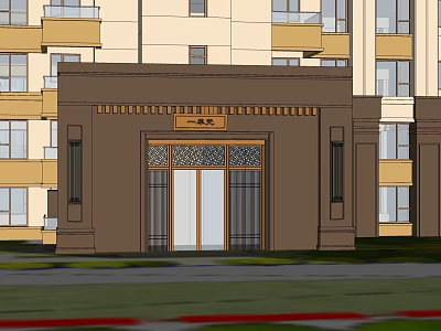 Residential Building Entrance Gate With Brown Decorative Glass Doors And Balconies 3d model