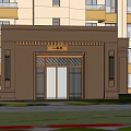 Residential Building Entrance Gate With Brown Decorative Glass Doors And Balconies