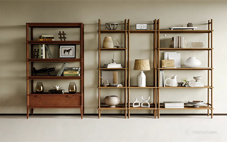 Modern Wooden Shelving Unit With Books Decorative Vases And Lamp In Living Room 3d model 
